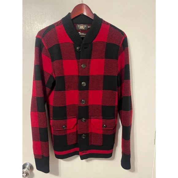 RRL Men’s Buffalo Check Plaid Red and Black 100% Wool Button Down Cardigan Sz Sm